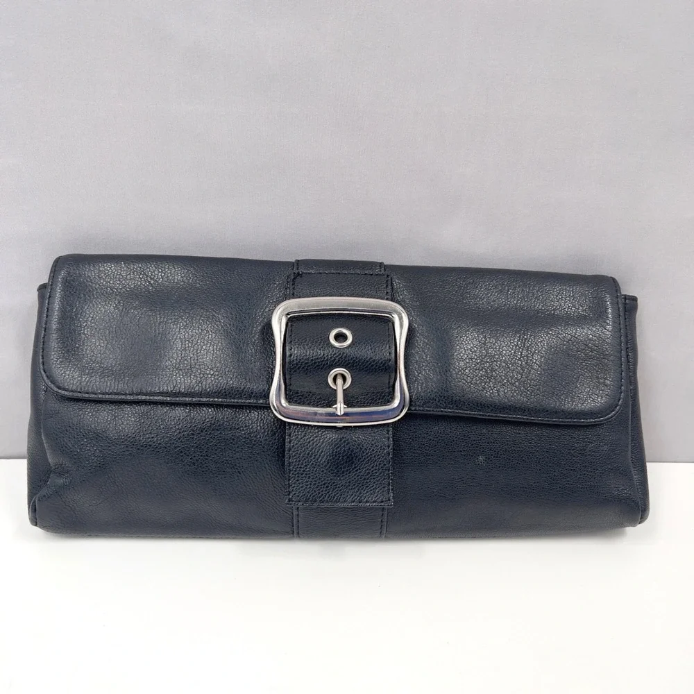 Vintage Black Leather Clutch Silver Buckle Pink Lining Y2K Moto Mod Evening Bag